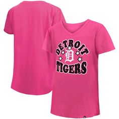 Розовая футболка из джерси Detroit Tigers New Era для девочек с v-образным вырезом и звездами New Era