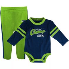 Комплект боди с длинными рукавами и брюками Little Kicker темно-синего/неоново-зеленого цвета для младенцев Seattle Seahawks Little Kicker Outerstuff