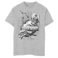 Футболка с гранж-логотипом и графическим рисунком «Мир Юрского периода» для мальчиков 8–20 лет с двумя динозаврами и коллажем Jurassic World