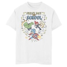Простая футболка с рисунком «Первый день в школе» и надписью «Marvel Avengers» для мальчиков 8–20 лет Marvel, белый