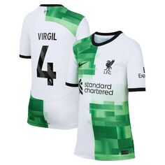 Молодежная футболка Nike Virgil van Dijk White Liverpool 2023/24, выездная реплика игрока Nike