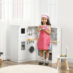 Кухонный гарнитур Qaba Corner Play со звуковыми эффектами и огромным пространством на столешнице, большая деревянная кухня со стиральной машиной, игрушками для еды, льдогенератором, детская кухня, для детей 3–6 лет, белый Qaba