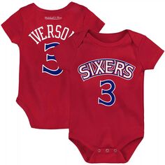 Боди Infant Mitchell &amp; Ness Allen Iverson Red Philadelphia 76ers из твердой древесины, классическое боди с именем и номером Unbranded