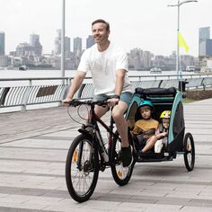 Детский велосипедный прицеп Aosom 3 в 1. Складная коляска для бега. Детская коляска. Транспортировочная переноска с системой амортизаторов. Резиновые шины. Регулируемый руль. Детский велосипедный прицеп. Красный и серый. Aosom