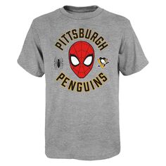 Молодежная футболка Heather Grey Pittsburgh Penguins Mighty Spidey Marvel Outerstuff
