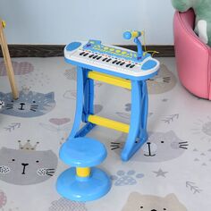 Детская игрушечная клавиатура Qaba, пианино, электронный инструмент для малышей с табуреткой, микрофоном и ярким фонариком для детей, подарок на рождение, синий Qaba, синий