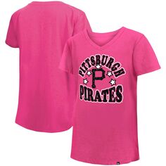 Розовая футболка из джерси Pittsburgh Pirates New Era для девочек с v-образным вырезом и звездами New Era