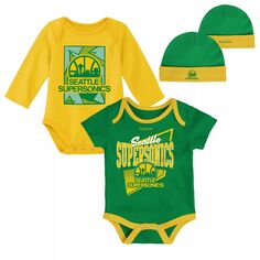 Для новорожденных и младенцев Mitchell &amp; Ness зеленый/золотой Seattle SuperSonics классические боди из трех предметов из твердой древесины и комплект вязаной шапки с манжетами Unbranded