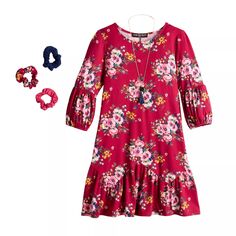 Платье в стиле бохо с длинными рукавами и цветочным принтом для девочек 7–16 лет с тремя розовыми сердечками, ожерельем и резинками для волос Three Pink Hearts