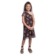 Черное платье длиной до колена с рюшами на одно плечо и цветочным принтом для девочек 247 Comfort Kids