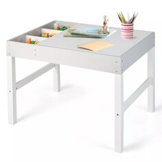 Деревянный детский стол 3 в 1 с местом для хранения и двусторонней столешницей — белый Slickblue