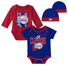 Для новорожденных и младенцев Mitchell &amp; Ness Royal/Red LA Clippers, классические боди из трех предметов из твердой древесины и комплект вязаной шапки с манжетами Unbranded