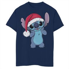 Рождественская футболка с рисунком «Лило и Стич» для мальчиков 8–20 лет, шляпа Санты, Стич и портрет Диснея Licensed Character, синий
