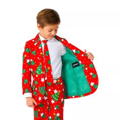 Комплект костюма &quot;Рождественская елка&quot; красного цвета с курткой, брюками и галстуком для мальчиков 4–16 лет Suitmeister