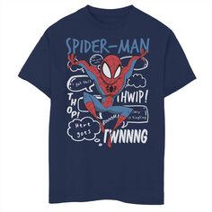 Футболка с графикой и изображением «Человека-паука Marvel» для мальчиков 8–20 лет в позе комиксов со звуковыми эффектами Marvel, синий