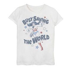 Футболка с графическим рисунком и текстовым плакатом для девочек 7–16 лет из комиксов DC «Чудо-женщина занята спасением мира» DC Comics