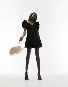 Черное чайное мини-платье из мятого бархата Topshop