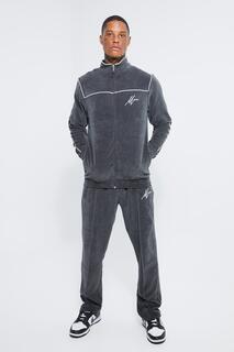 Мужской спортивный костюм мужской велюровый с вырезом-воронкой на молнии Boohoo, серый