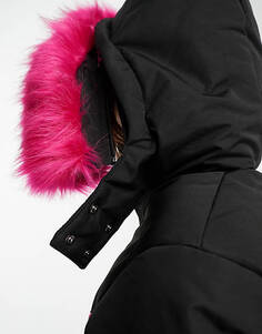 Черно-розовая куртка-пуховик Threadbare Ski с капюшоном из искусственного меха