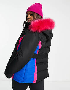 Черно-розовая куртка-пуховик Threadbare Plus Ski с капюшоном из искусственного меха