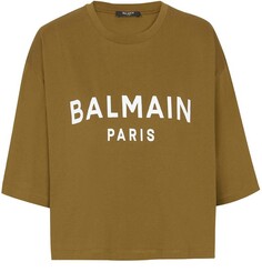 Укороченная хлопковая футболка из экологически чистых материалов с принтом логотипа Balmain Balmain