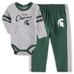 Зеленый/серый с меланжевым узором для новорожденных и младенцев, комплект боди и спортивных штанов с длинными рукавами и спортивными штанами в штате Мичиган Spartans Little Kicker Outerstuff