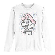 Флисовая футболка с длинными рукавами и графическим рисунком в горошек для мальчиков 8–20 лет, Nintendo Super Mario, кандзи, ретро-портрет Licensed Character