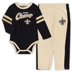 Комплект боди с длинными рукавами и брюк New Orleans Saints Little Kicker черного/золотого цвета для младенцев Outerstuff