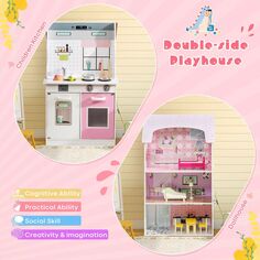 Детский кухонный игровой набор и кукольный домик 2-в-1 с аксессуарами Slickblue