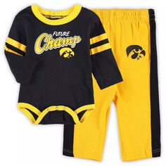 Комплект боди с длинными рукавами и спортивных штанов Little Kicker черного/золотого цвета для новорожденных и младенцев Iowa Hawkeyes Little Kicker Outerstuff
