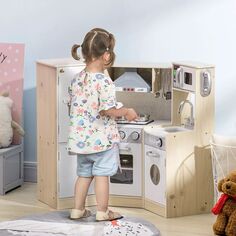 Ультра-большой угловой детский кухонный набор Qaba со звуковыми эффектами, деревянная игровая кухня с кулинарными игрушками из нержавеющей стали, оригинальная игрушка для детей от 3 до 6 лет с телефоном, ледогенератор Qaba