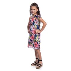 Синее платье длиной до колена с рюшами на одно плечо и цветочным принтом для девочек 247 Comfort Kids