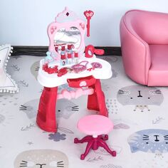 Детский туалетный набор Qaba Столик для макияжа Принцесса Ролевые игры для девочек со световыми звуками Табурет Волшебная палочка Пульт дистанционного управления Зеркало и аксессуары для макияжа Qaba