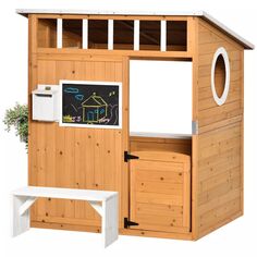 Детский деревянный домик Outsunny, садовые игры на открытом воздухе, коттедж с рабочей дверью, окнами, почтовый ящик, скамейка, держатель для горшка с цветами, 48 x 42 x 53 дюйма Outsunny