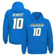 Молодежный пуловер с капюшоном с именем и номером игрока Джастина Герберта синего цвета Los Angeles Chargers Mainliner Outerstuff