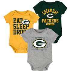 Зеленый/золотой комплект боди для новорожденных и младенцев Green Bay Packers Eat, Sleep, Drool Football, состоящий из трех частей Outerstuff