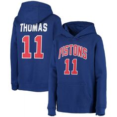 Молодежный пуловер с капюшоном Mitchell &amp; Ness Isiah Thomas Blue Detroit Pistons из твердой древесины, пуловер с именем и номером Unbranded