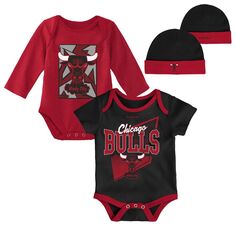 Классические боди Mitchell &amp; Ness для новорожденных и младенцев, черный/красный цвет Chicago Bulls, комплект из трех предметов из твердой древесины и вязаная шапка с манжетами Unbranded