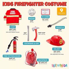 Костюм пожарного для мальчиков и девочек, детский костюм на Хэллоуин (9 предметов) Blue Panda