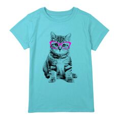 Черно-белая футболка с рисунком кота в очках для девочек 7–16 лет Unbranded