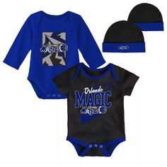 Для новорожденных и младенцев Mitchell &amp; Ness черный/синий Orlando Magic классические боди из трех предметов из твердой древесины и комплект вязаной шапки с манжетами Unbranded