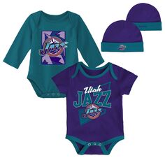 Для новорожденных и младенцев Mitchell &amp; Ness фиолетовый/бирюзовый Utah Jazz классические боди из трех предметов из твердой древесины и комплект вязаной шапки с манжетами Unbranded