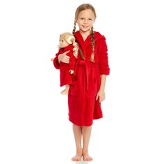 Однотонный флисовый халат с капюшоном для девочек и кукол Leveret Leveret, красный