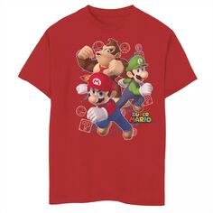 Футболка Super Mario Donkey Kong Mario Luigi Action Pose для мальчиков 8–20 лет с графическим рисунком Licensed Character, красный