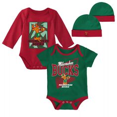 Классическое боди из твердой древесины и вязаная шапка с манжетами для младенцев Mitchell &amp; Ness Hunter, зеленый/красный Milwaukee Bucks Unbranded