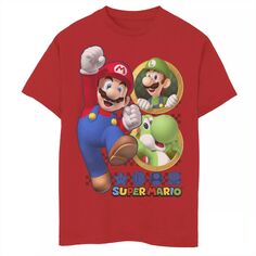 Футболка с рисунком Super Mario Luigi Yoshi and Mario Portraits для мальчиков 8–20 лет Licensed Character, красный