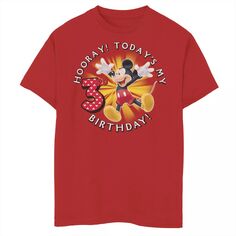 Микки Маус Диснея, мальчики 8–20 лет Ура! Футболка с рисунком «Мой третий день рождения» сегодня Disney, красный