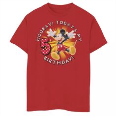 Микки Маус Диснея, мальчики 8–20 лет Ура! Футболка с рисунком «Мой 5-й день рождения» сегодня Disney, красный