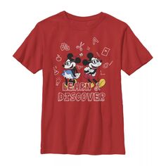 Футболка с рисунком Микки Мауса и Минни Маус Disney для мальчиков 8–20 лет «Учись и открывай» Licensed Character, красный