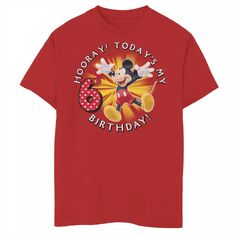Микки Маус Диснея, мальчики 8–20 лет Ура! Футболка с рисунком «Мой 6-й день рождения» сегодня Disney, красный
